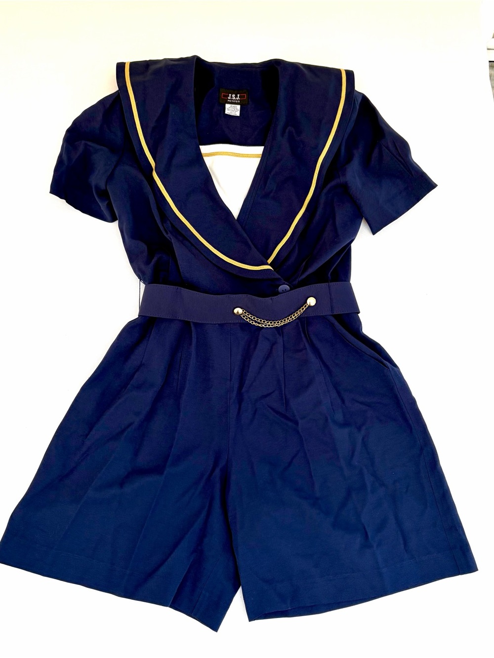 VTG Navy Sailor Romper 80s Womens JSJ Petites 7/8 Nautical Coastal Quiet Luxury